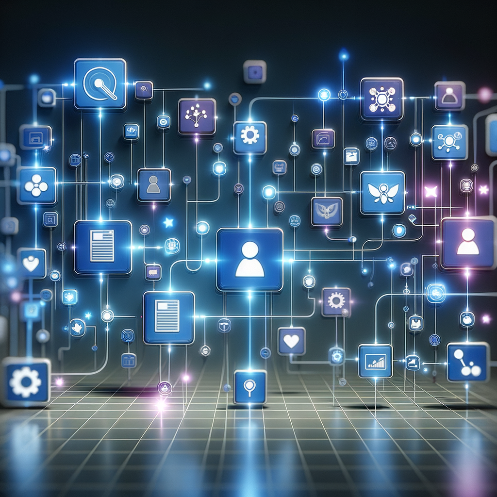 Dashboard digital com módulos conectados por fluxos luminosos azuis e cianos, ilustrando mapeamento e planejamento de automação entre agentes inteligentes e plataformas no-code.