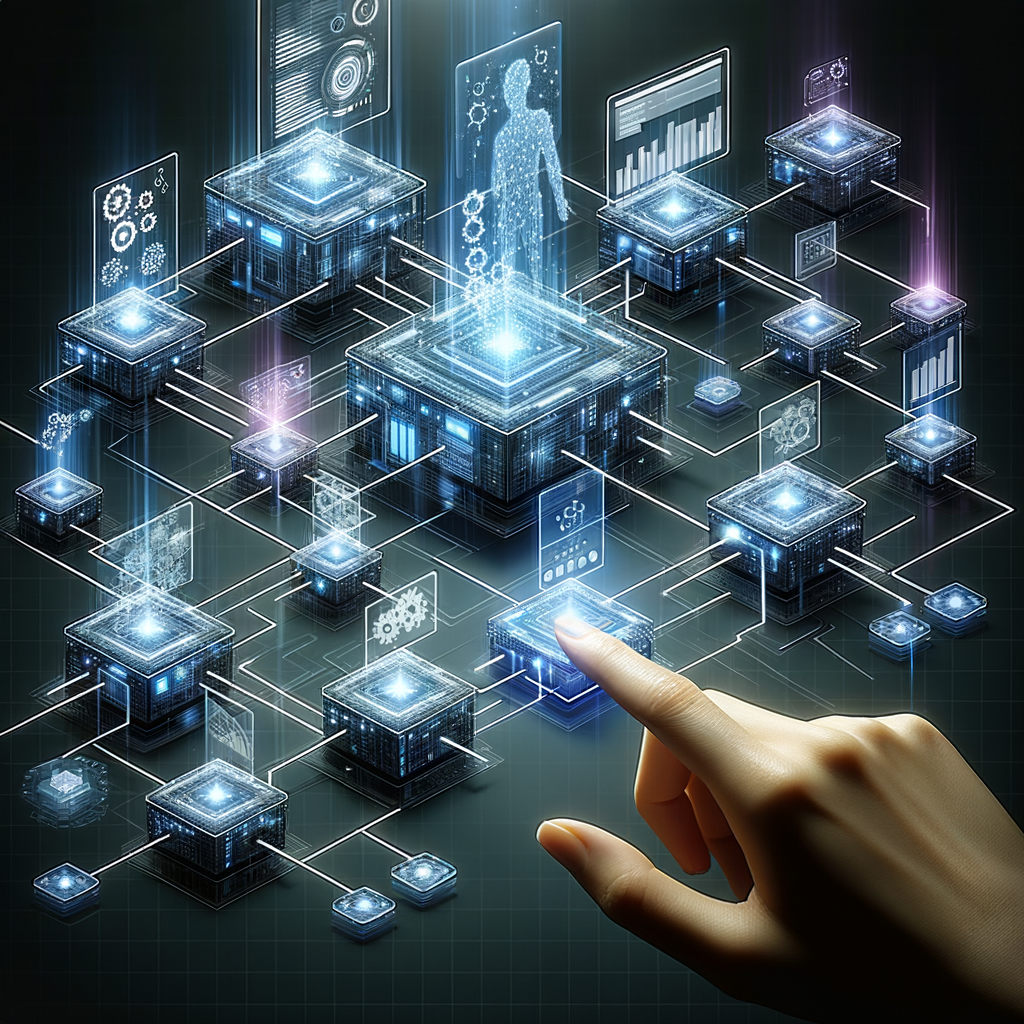 Arquitetura modular interligada por conexões luminosas em azul e roxo, com gráficos de auditoria e uma mão humana interagindo com interface holográfica, representando transparência e controle em automação no-code.