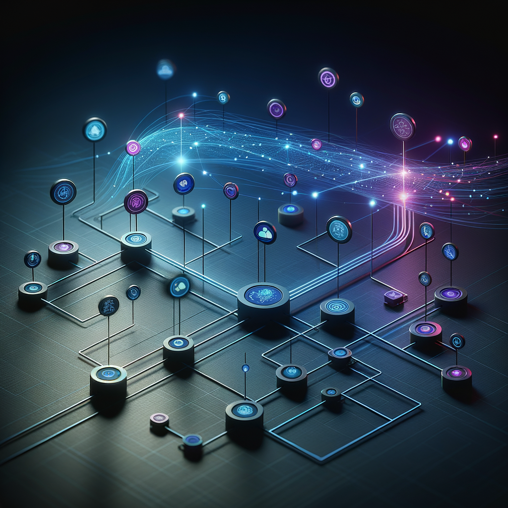 Fluxo de trabalho automatizado com conexões luminosas entre agentes autônomos em tons frios, representando processos inteligentes e automação no mercado de trabalho.