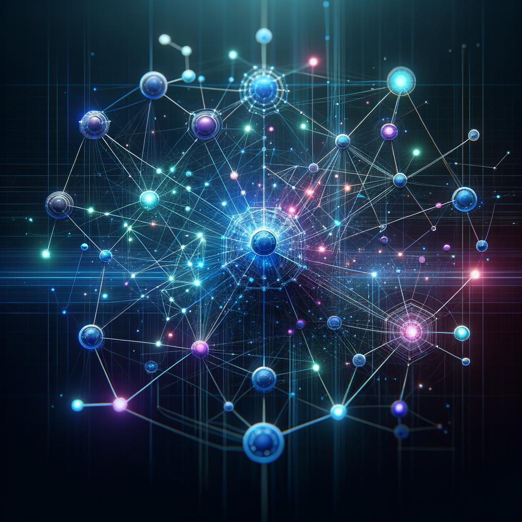 Rede digital abstrata com conexões luminosas representando a colaboração entre bots inteligentes e humanos para decisões estratégicas inovadoras.