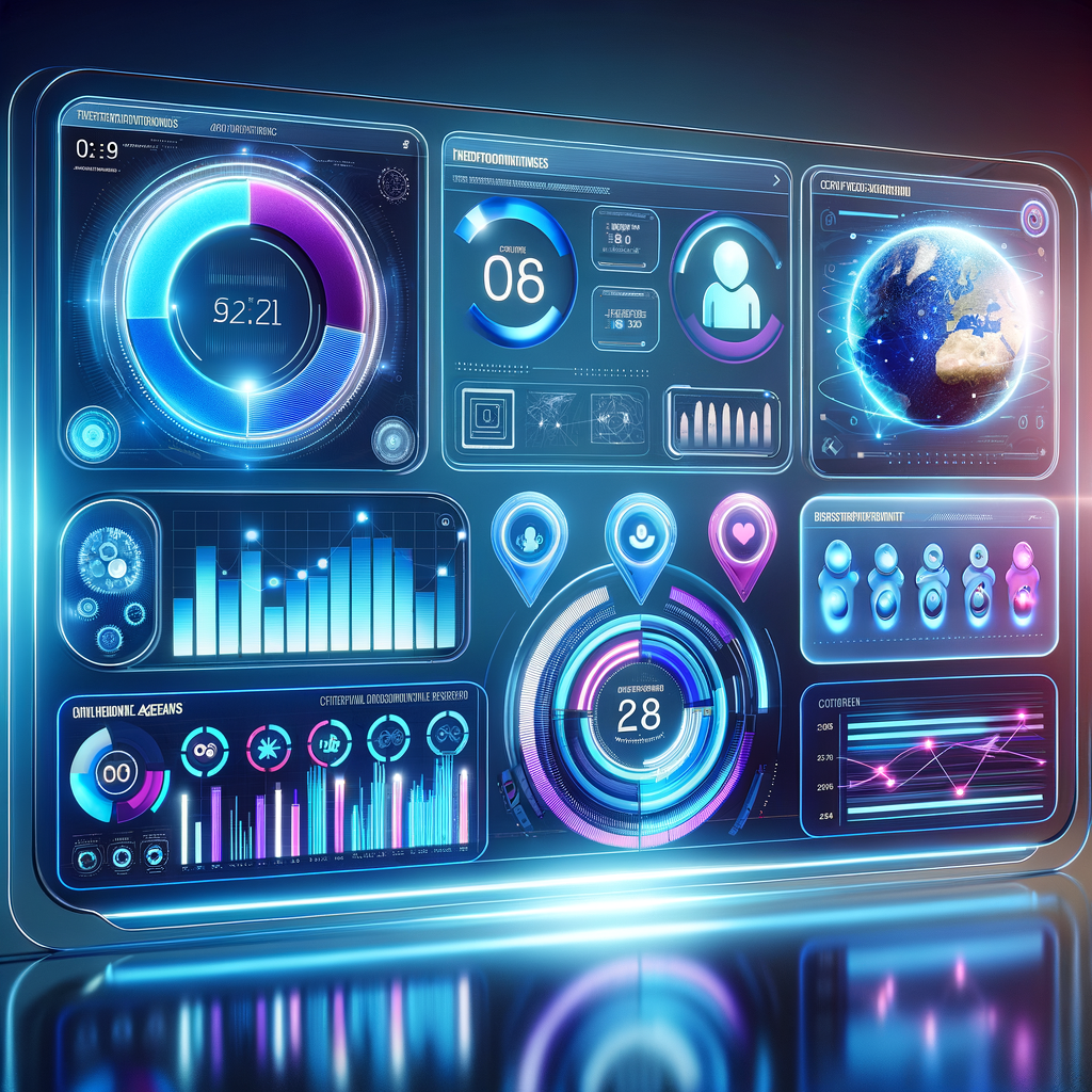 Dashboard futurista com métricas de eficiência e satisfação do cliente, ícones de agentes inteligentes e automação, em ambiente digital moderno e minimalista.