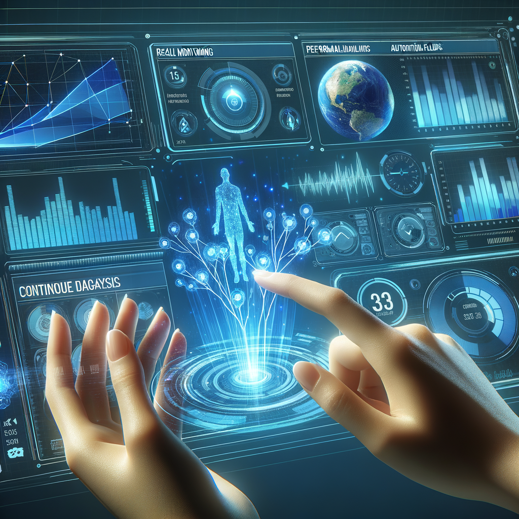 Dashboard digital com gráficos e indicadores em azul e ciano mostrando monitoramento em tempo real de fluxos automatizados, com mãos interagindo em holograma, ilustrando análise e correção de falhas.