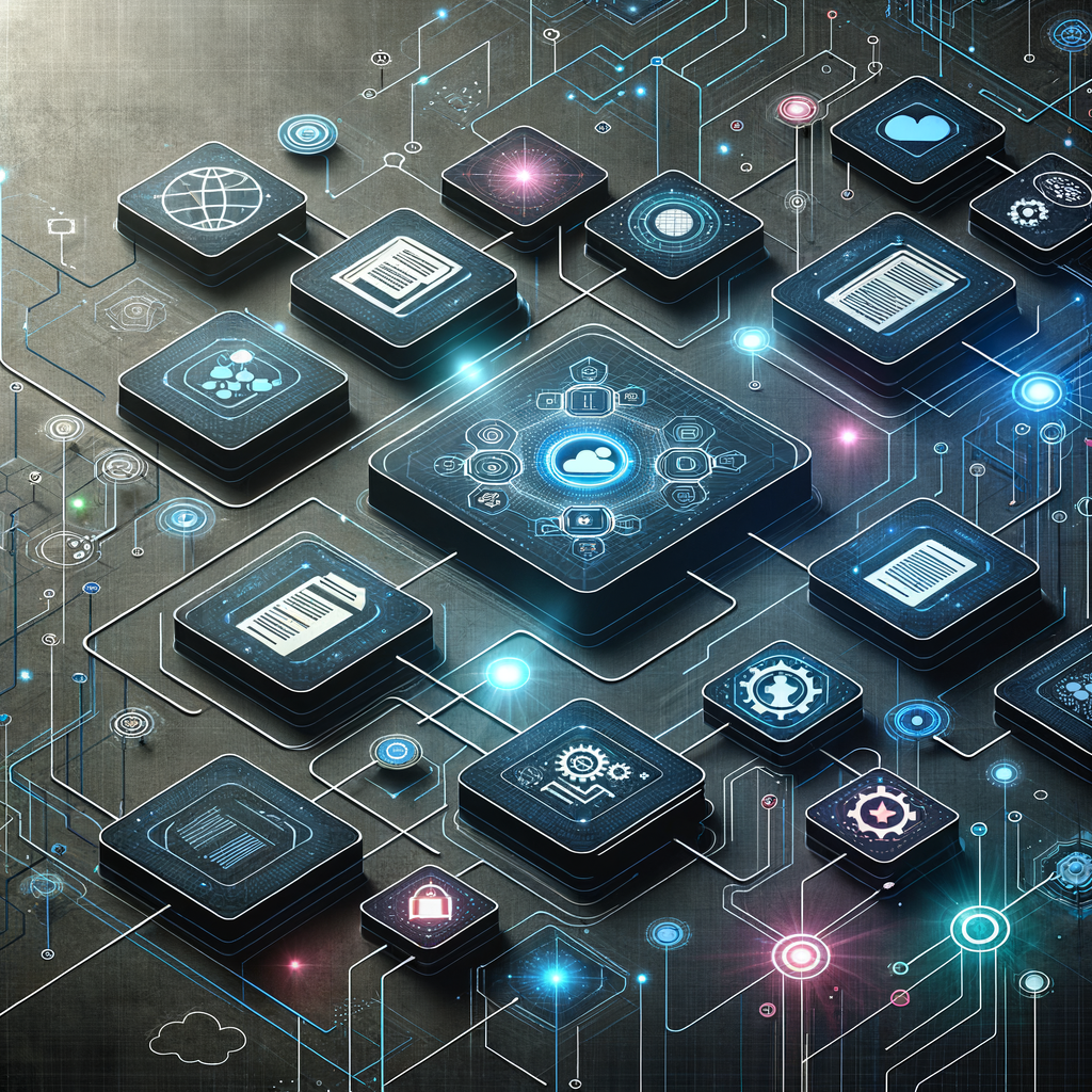 Módulos tecnológicos interligados por linhas luminosas azuis e roxas, simbolizando integração de equipes e plataformas de automação, com ícones de documentos e treinamentos digitais em fundo escuro minimalista.