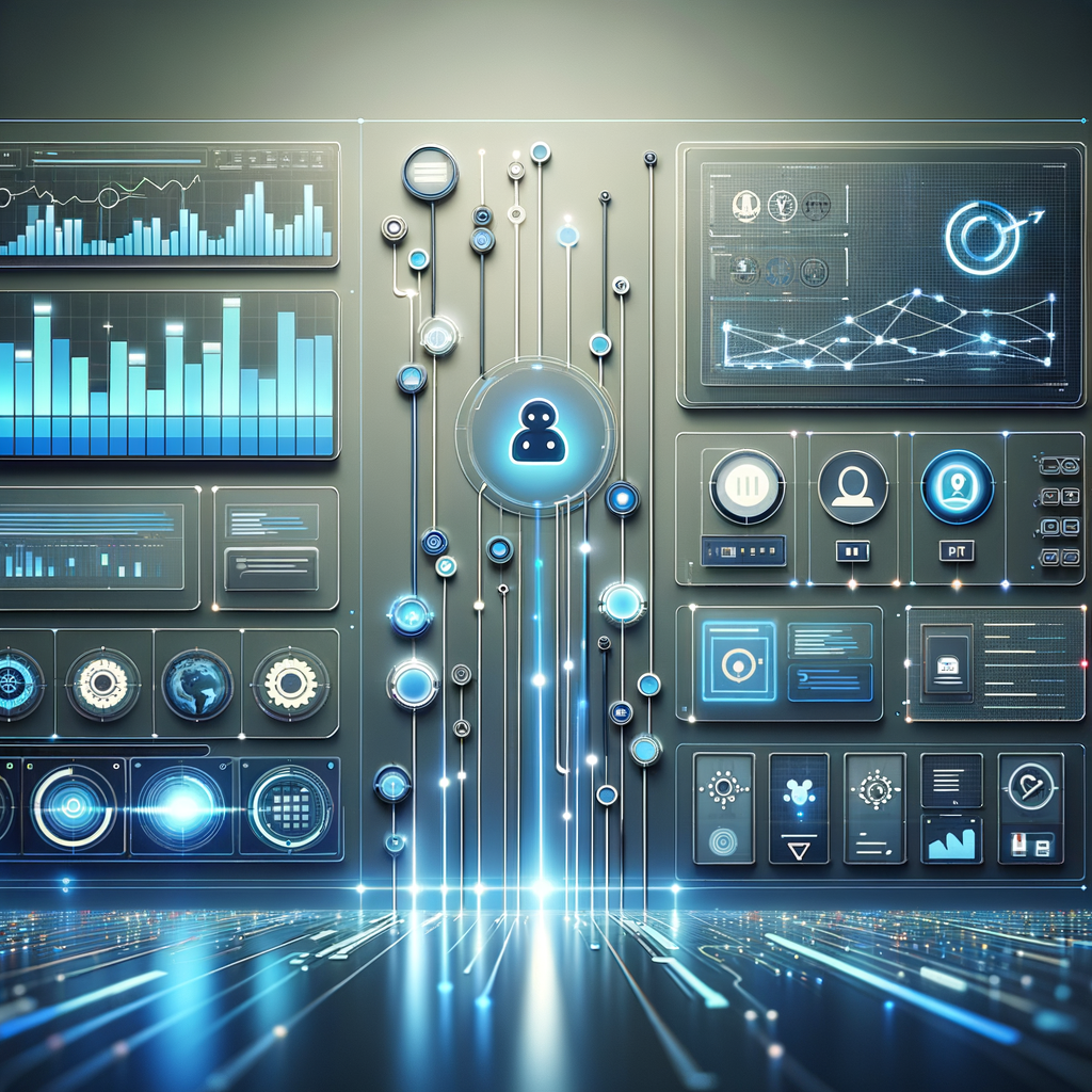 Dashboard digital com gráficos e fluxos automatizados destacando automação inteligente e integração de assistentes virtuais no ambiente corporativo em estilo moderno e tecnológico.