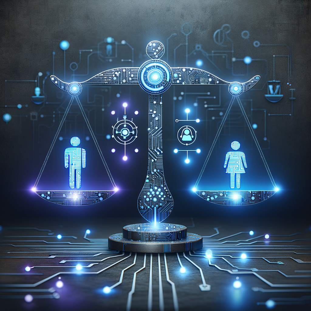 Ilustração conceitual de equilíbrio entre supervisão humana e decisões da inteligência artificial em automação, destacando ética e responsabilidade corporativa em ambiente digital moderno.