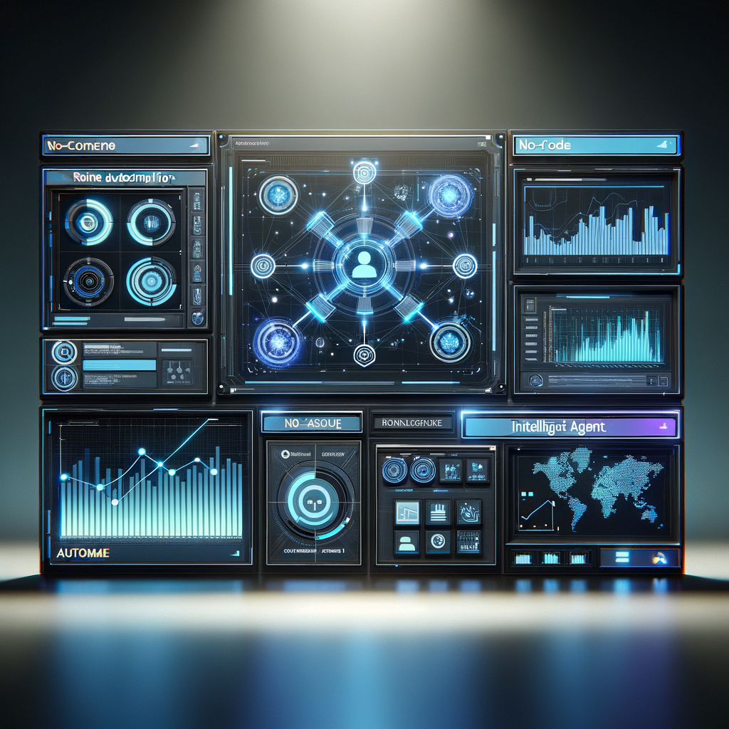 Dashboard digital futurista mostrando fluxos de automação no-code com painéis modulares conectados por linhas luminosas em azul e ciano, destacando integração e eficiência tecnológica.