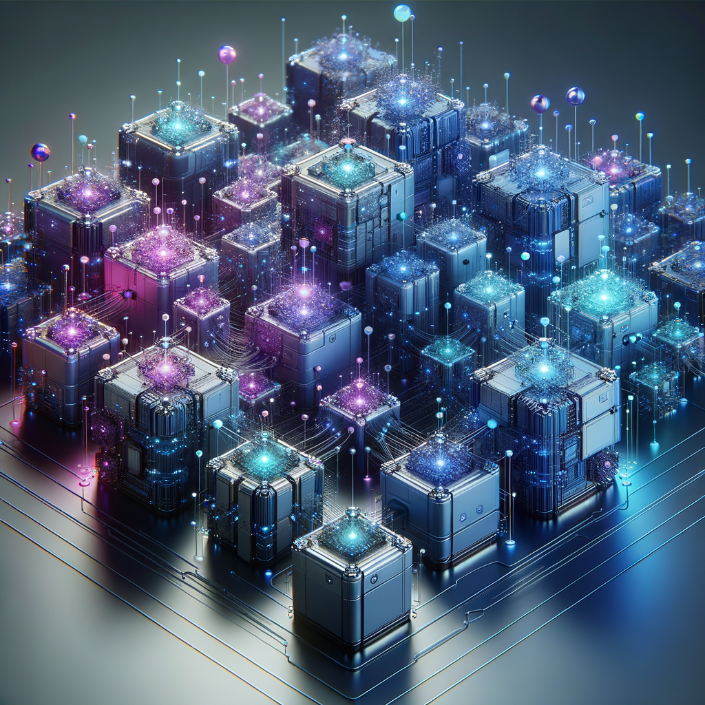 Arquitetura tecnológica de agentes inteligentes customizados com módulos interconectados em rede iluminados por neon roxo e azul, ilustrando complexidade e escalabilidade em tecnologia digital.