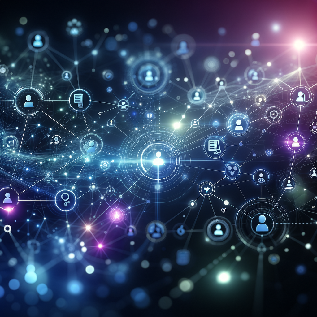 Representação visual da colaboração entre humanos e inteligência artificial em rede tecnológica para automação empresarial, com design moderno e paleta de cores frias.