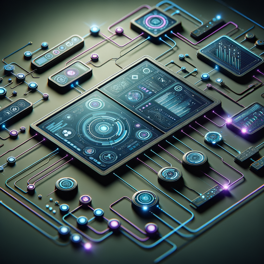 Painel digital moderno mostrando dashboards interconectados com linhas de dados e ícones de inteligência artificial, ilustrando integração de sistemas e monitoramento de automação para marketing digital