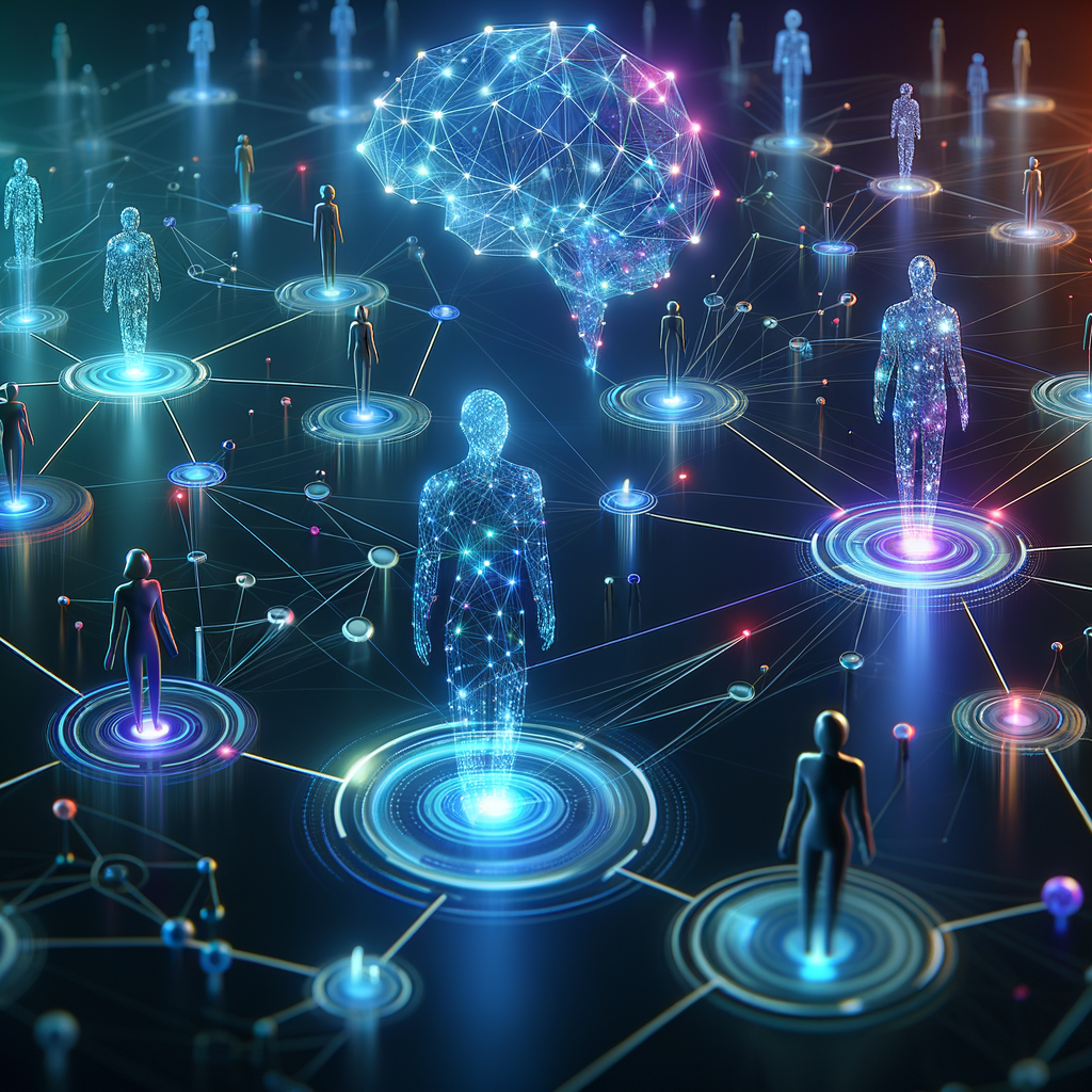 Rede neural digital iluminada com nós conectados em azul e roxo, com silhuetas humanas interagindo, simbolizando a combinação de inteligência artificial e supervisão humana na automação estratégica