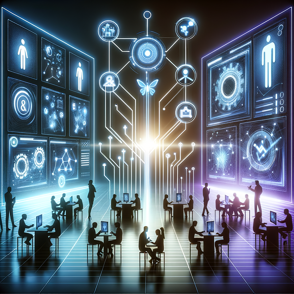 Ambiente corporativo moderno mostrando equipes humanas e sistemas automatizados conectados por fluxos digitais, representando a colaboração entre tecnologia e intuição.