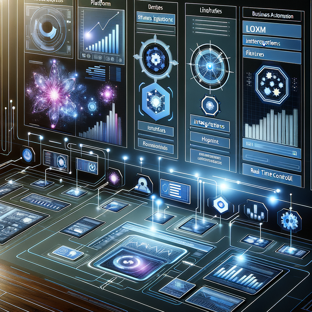 Dashboard digital futurista exibindo gráficos e módulos interligados com fluxos de automação empresarial, em tons de azul, roxo e grafite, ilustrando tecnologias para transformação digital.