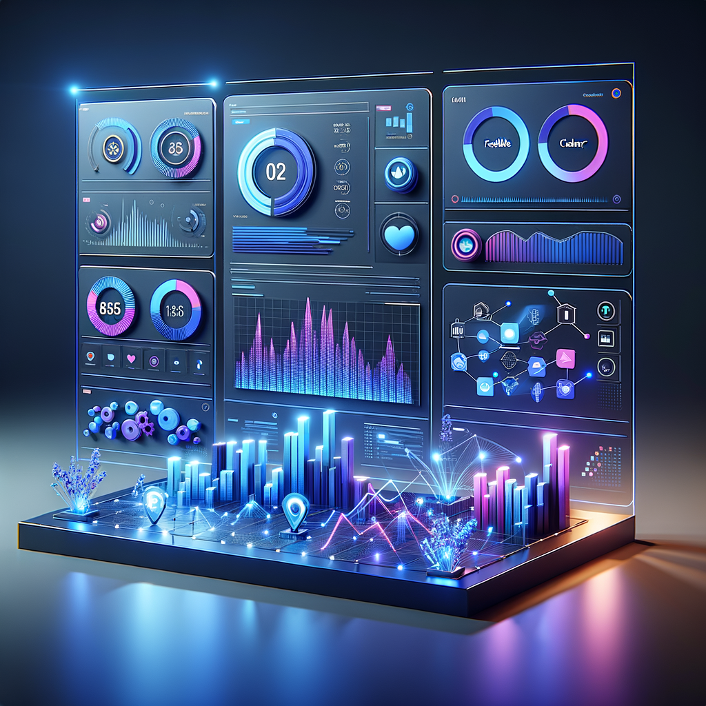 Dashboard tecnológico com gráficos de monitoramento em tempo real e ícones de ferramentas de automação, representando estratégias e práticas para automação eficiente além da integração.