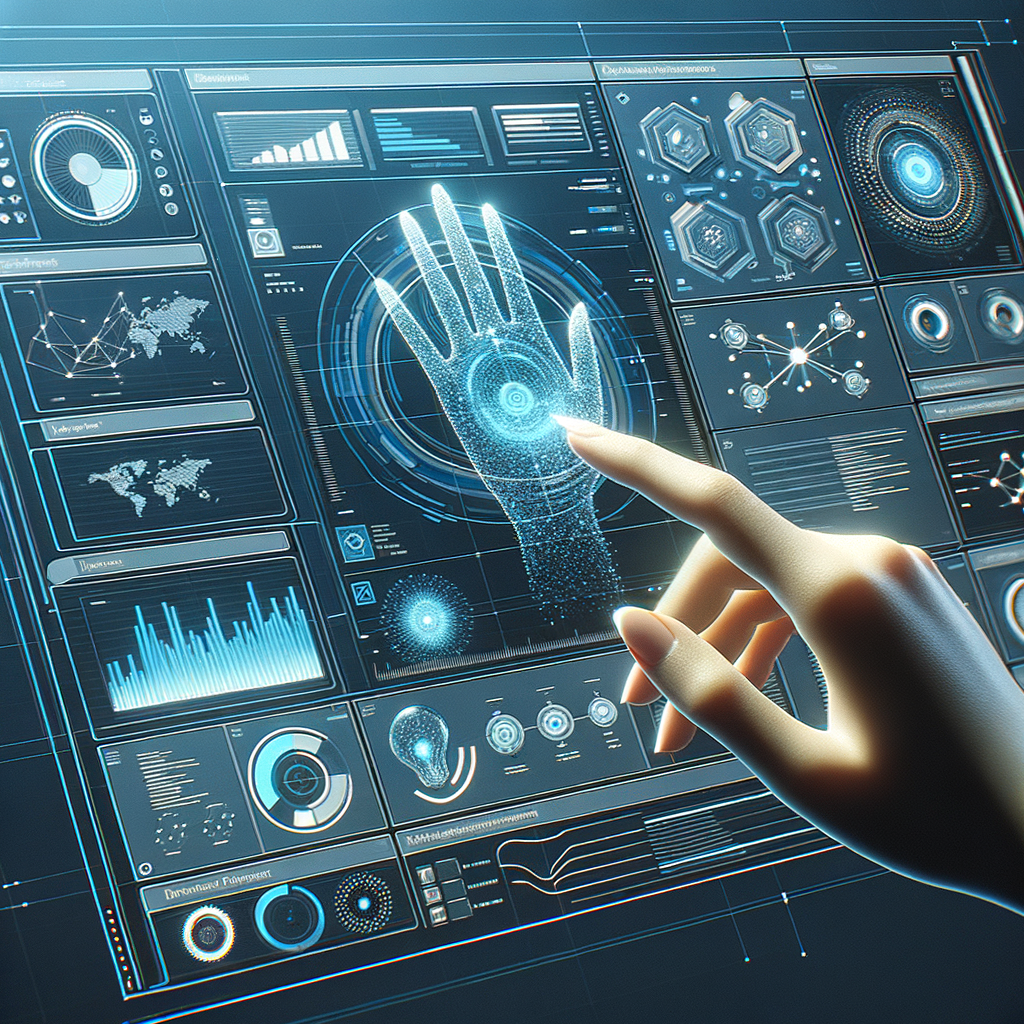 Dashboard futurista com gráficos e fluxos de dados automatizados em interação com toque humano, simbolizando a colaboração entre automação e intuição na gestão empresarial.