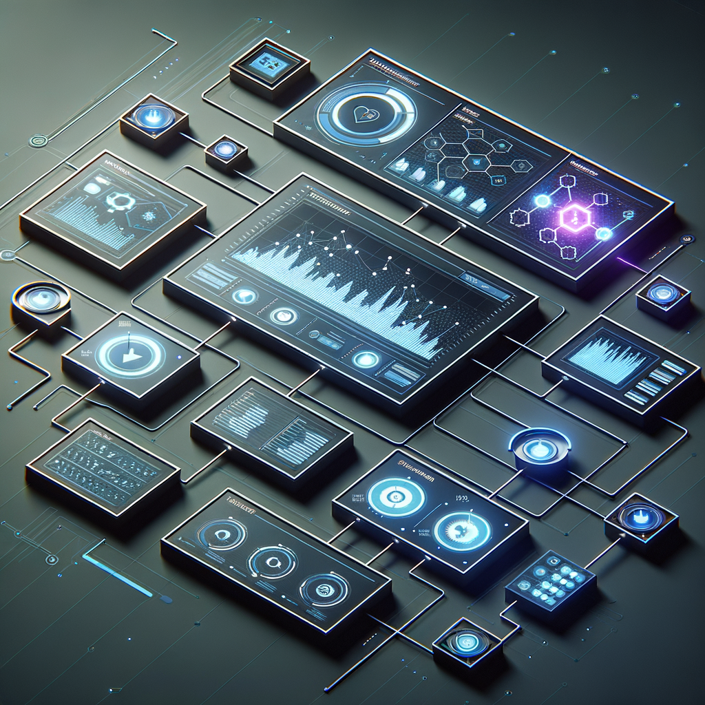 Dashboard digital moderno mostrando monitoramento e alertas de sistemas automatizados em tempo real, com conexões modulares em tons de azul e ciano sobre fundo escuro.
