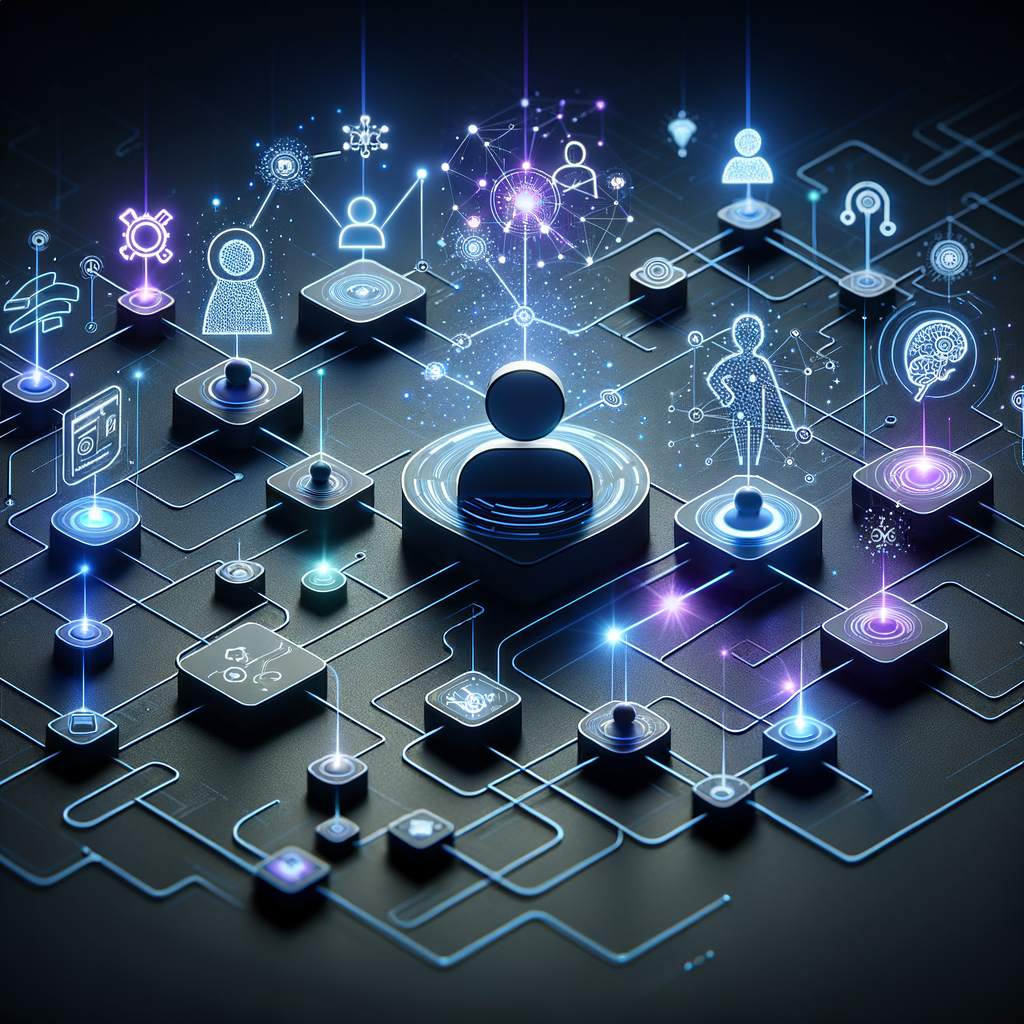 Rede visual de fluxos inteligentes conectando ícones de IA e automação, com equipe digital representando colaboração entre humanos e tecnologia em tons de azul e roxo.