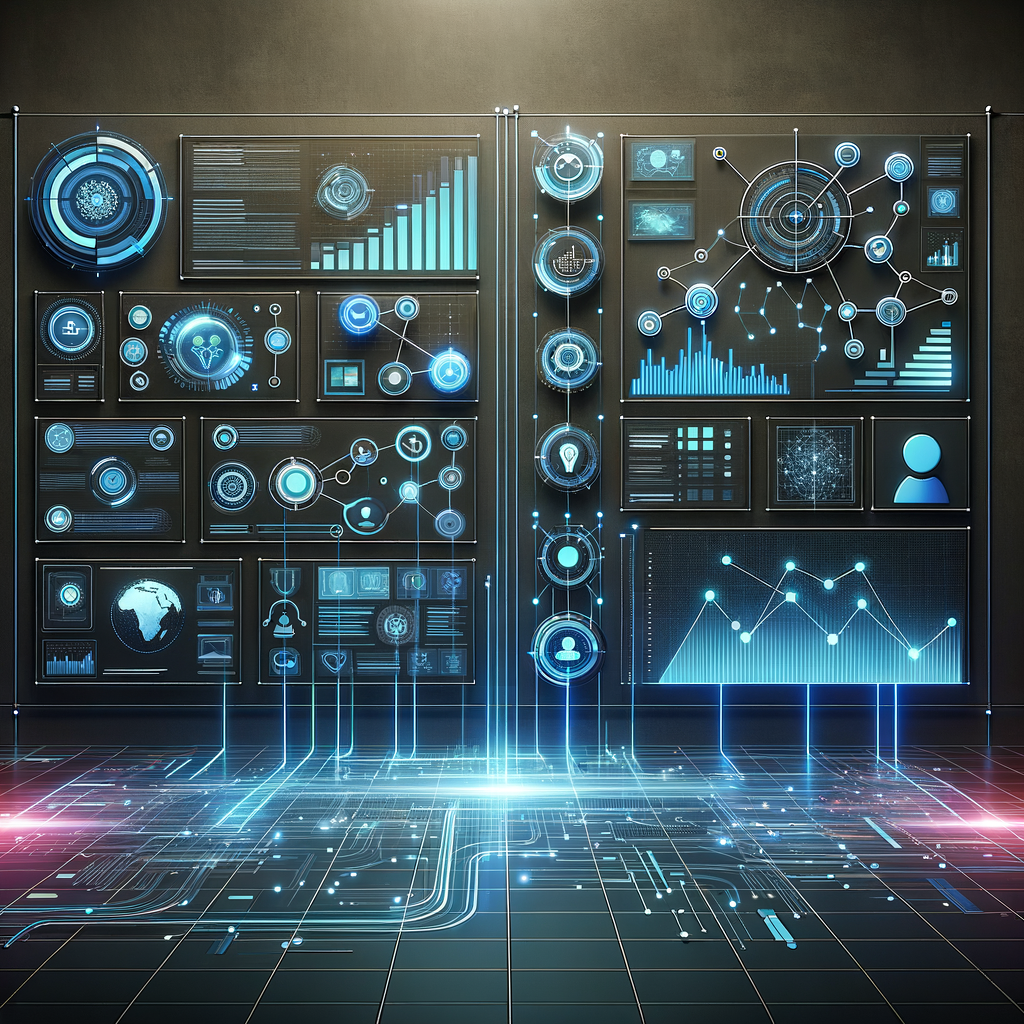 Painel digital interconectado exibindo dashboards e gráficos que ilustram aprendizado de máquina e automação inteligente em um ambiente tecnológico moderno.