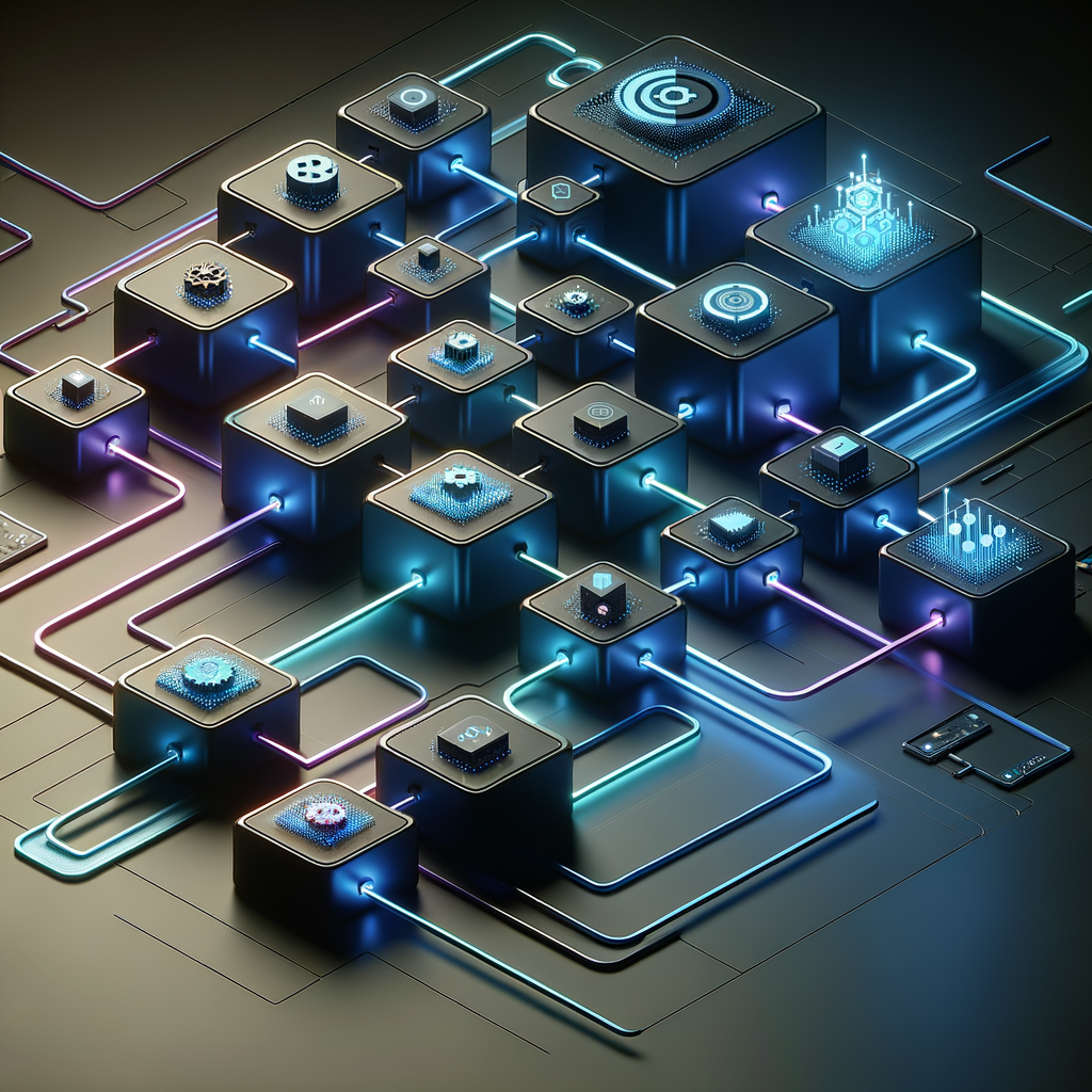 Arquitetura digital de automação inteligente mostrando módulos interligados que representam processos otimizados e adaptativos em um ambiente moderno e tecnológico.
