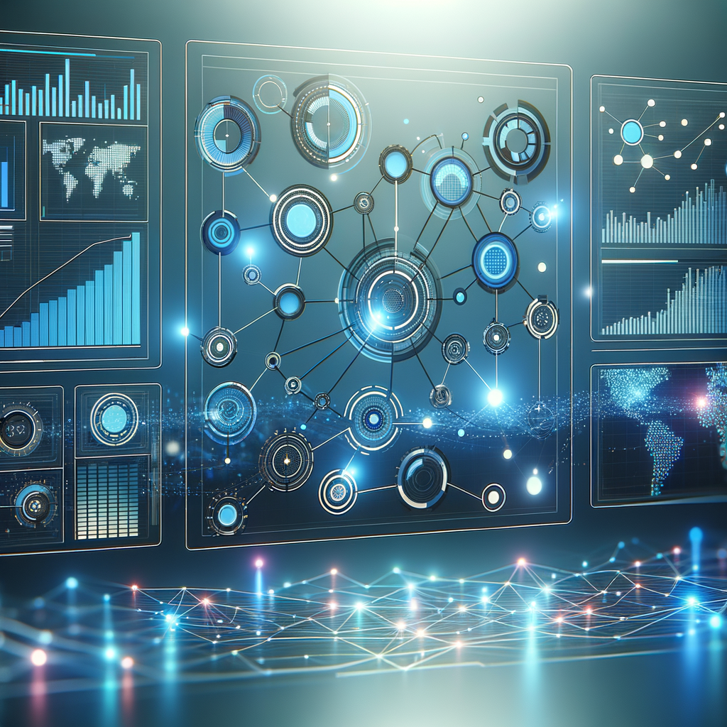 Dashboard digital moderno exibindo gráficos e fluxos conectados que ilustram otimização e monitoramento de processos de automação inteligente.