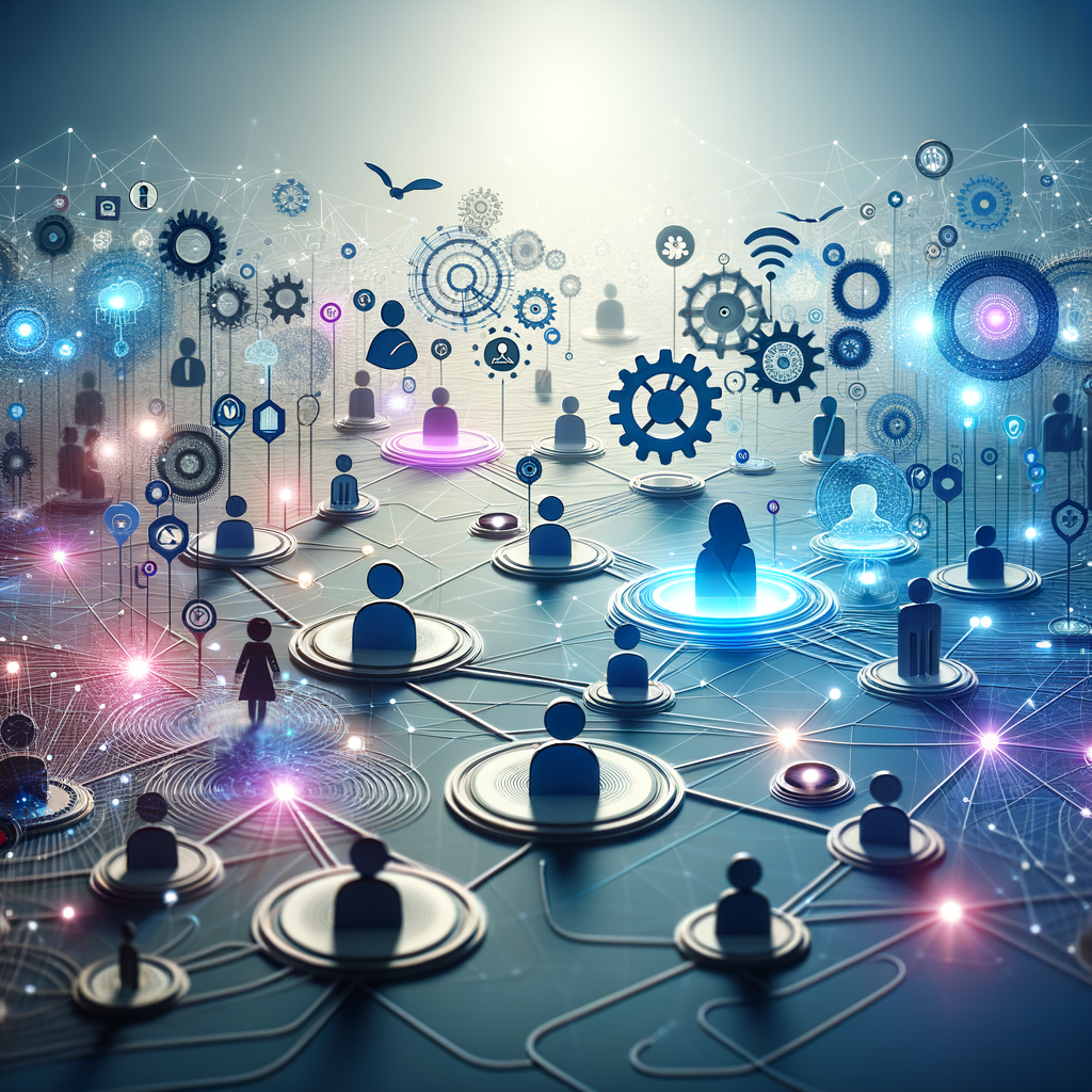 Rede digital interligando agentes inteligentes, engrenagens e profissionais, simbolizando colaboração e cultura empresarial na automação avançada.