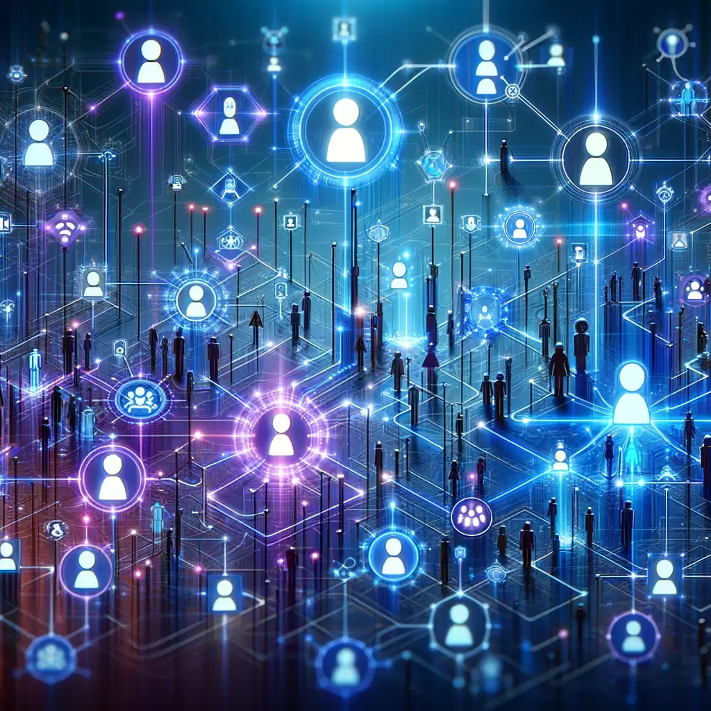 Rede digital conectando ícones de humanos e chatbots em ambiente empresarial, simbolizando colaboração híbrida e automação supervisionada por inteligência artificial.