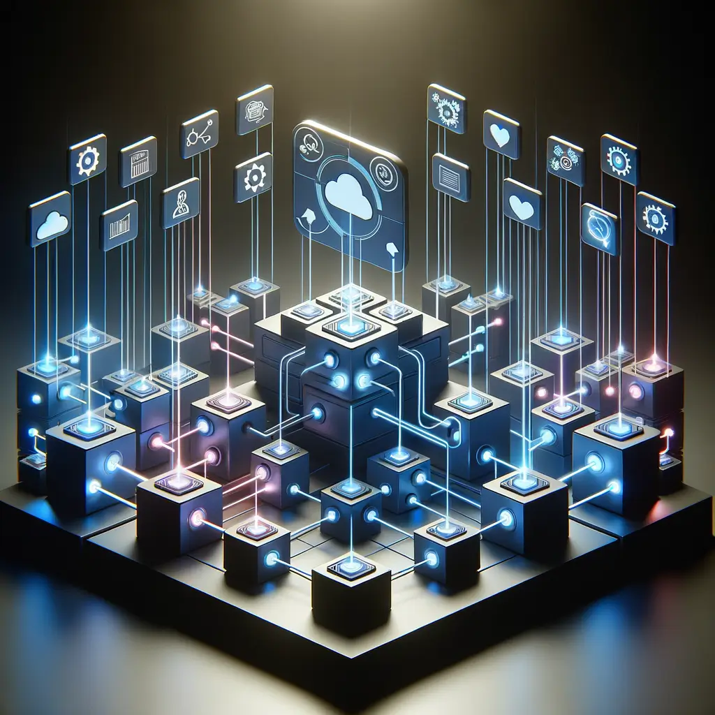 Fluxo de trabalho digital integrado com módulos conectados e ícones de ferramentas no-code, evidenciando automação e integrações para dashboards eficientes.