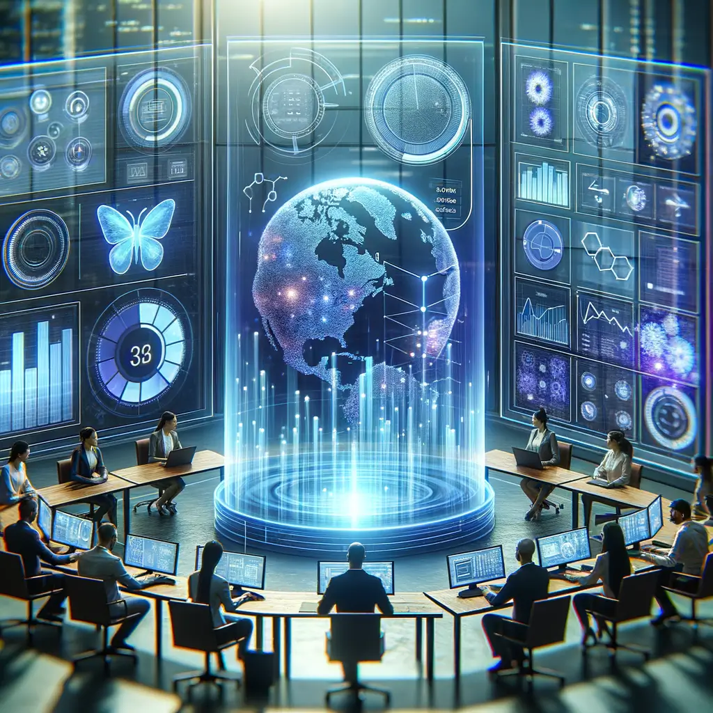 Equipe colaborando com dashboards no-code em telas holográficas, visualizando indicadores e dados para decisões informadas e automação de processos.