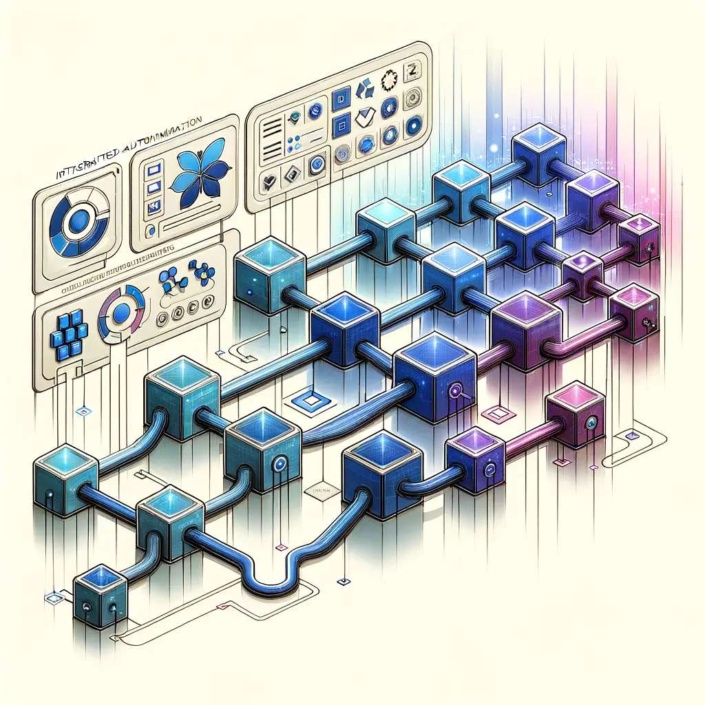 Fluxo visual de módulos conectados em tons azuis representando automação modular na gestão de leads, com painel digital ao fundo demonstrando integração e monitoramento de processos em startups.