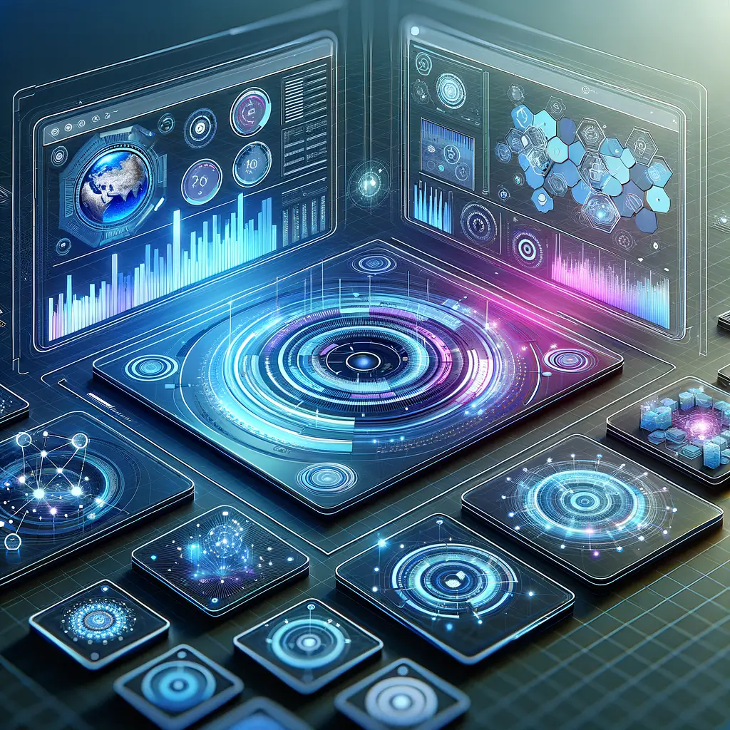 Interface digital futurista com dashboards em tons de azul e roxo mostrando métricas de automação e integração modular para otimização da gestão de leads em startups.