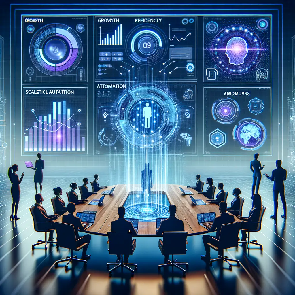 Profissionais em reunião analisam um dashboard no-code com gráficos dinâmicos e insights de inteligência artificial, evidenciando ganhos de eficiência, automação e visão estratégica para decisões empresariais.