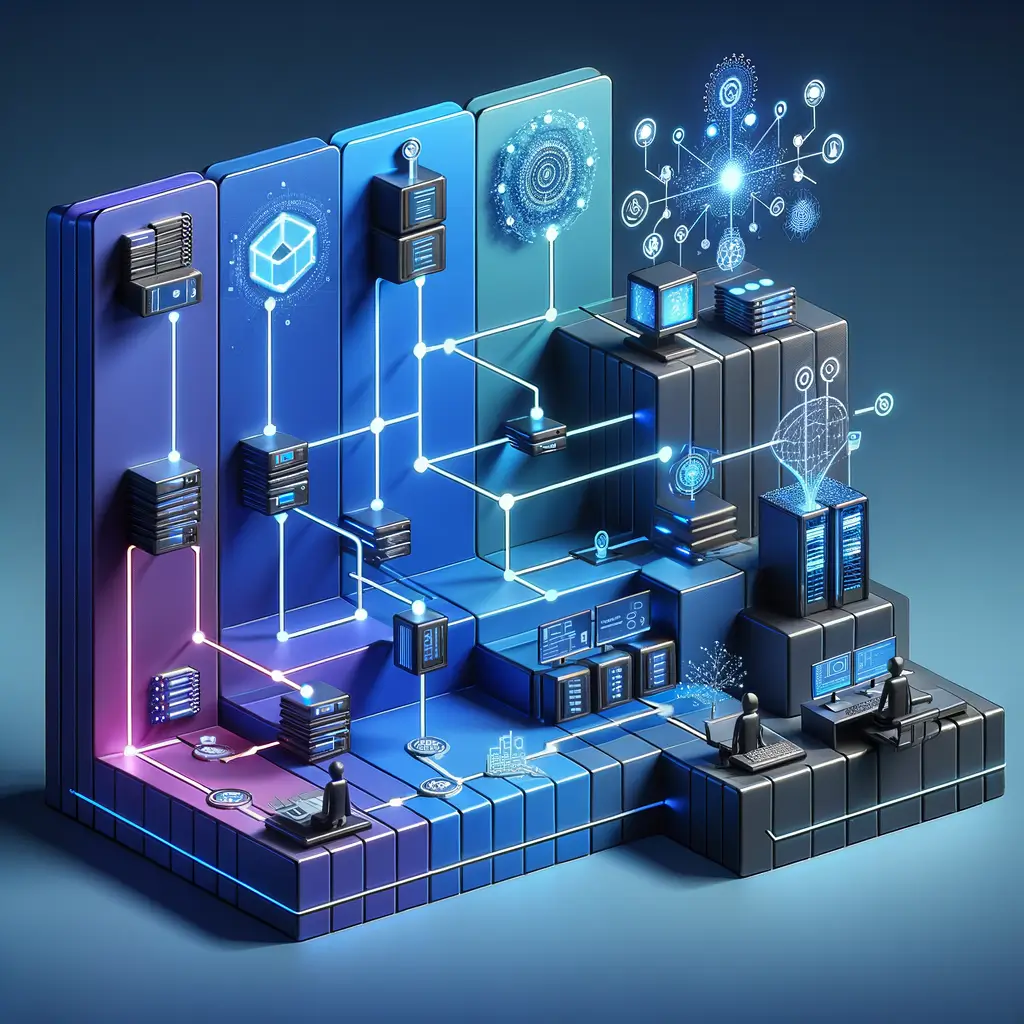 Fluxo ilustrado de automação empresarial que mostra a coleta de dados, processamento pela IA, decisão automatizada e supervisão humana, explicando visualmente a arquitetura de decisões automatizadas nas empresas.