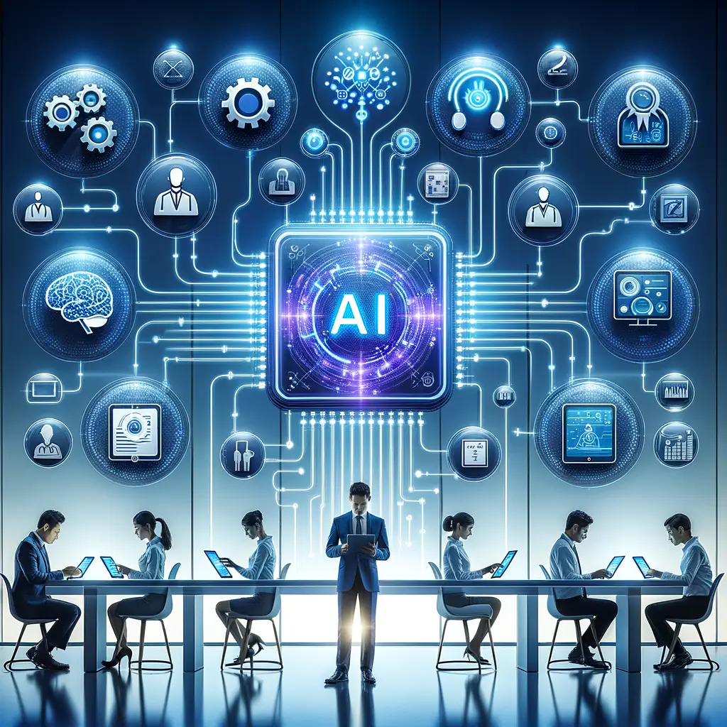 Fluxo visual que mostra dados sendo processados por inteligência artificial e humanos supervisionando decisões em dispositivos digitais, ilustrando a automação e a colaboração híbrida nas operações.