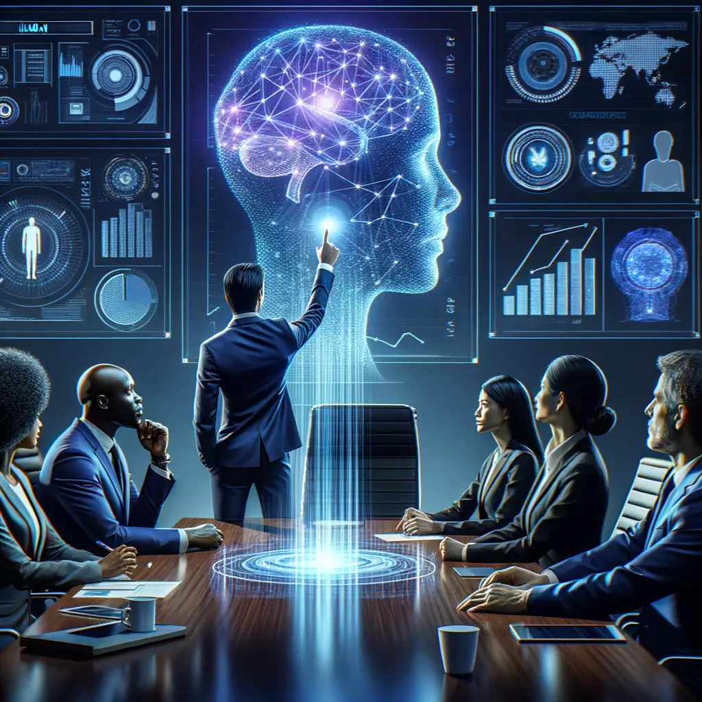 Equipe multidisciplinar em reunião estratégica usando inteligência artificial para melhorar eficiência e humanizar operações, com gráficos e rede neural holográfica ao fundo.