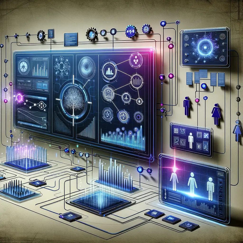 Dashboard digital interativo com gráficos, fluxos de trabalho e ícones de IA em azul e roxo, mostrando automação de decisões com supervisão humana.
