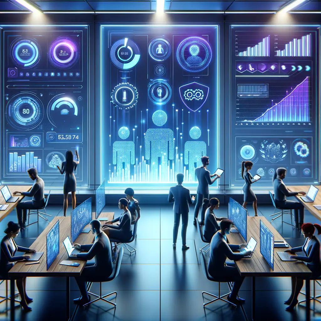 Profissionais analisam painéis digitais com indicadores de desempenho assistidos por agentes inteligentes que simbolizam ganhos de eficiência e escalabilidade na gestão de leads em startups.