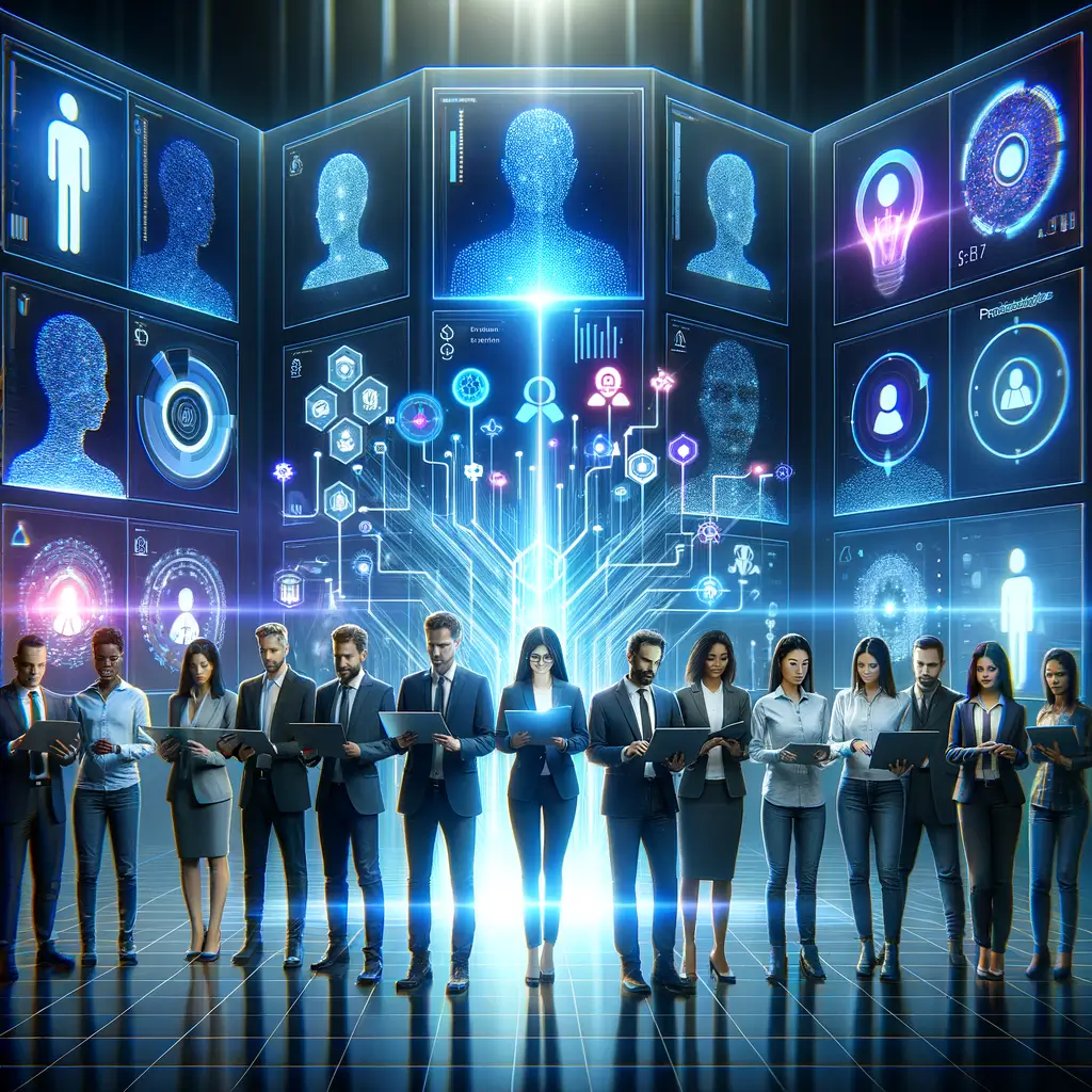 Equipe híbrida conectada por rede de assistentes virtuais e análise em tempo real, ilustrando o impacto da inteligência artificial na produtividade e colaboração futura.