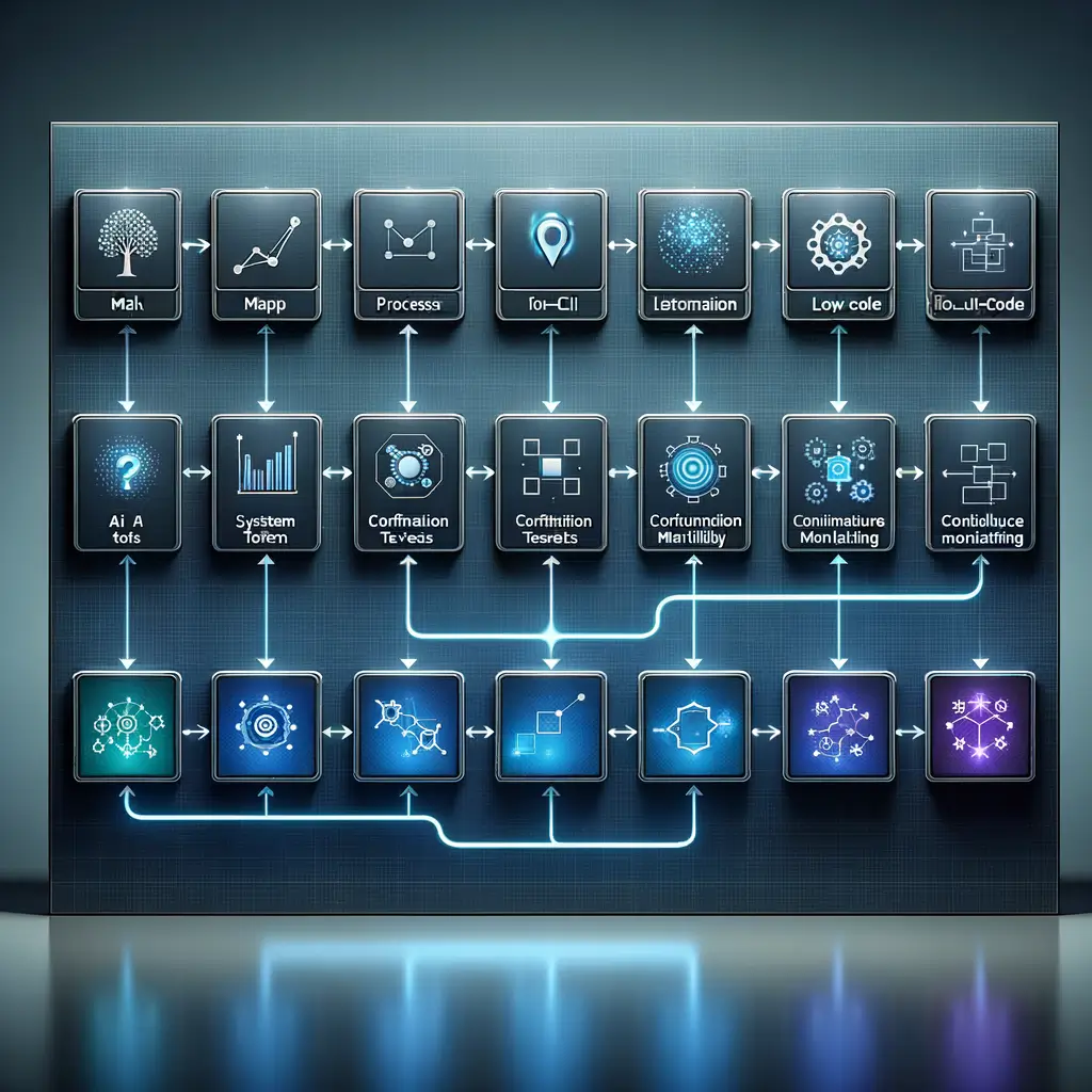 Painel digital mostrando etapas sequenciais de um fluxo automatizado, desde mapeamento, escolha de ferramentas IA e low-code, configuração, testes até monitoramento, em ambiente corporativo minimalista com iluminação tecnológica, ilustrando construção de fluxos eficientes.