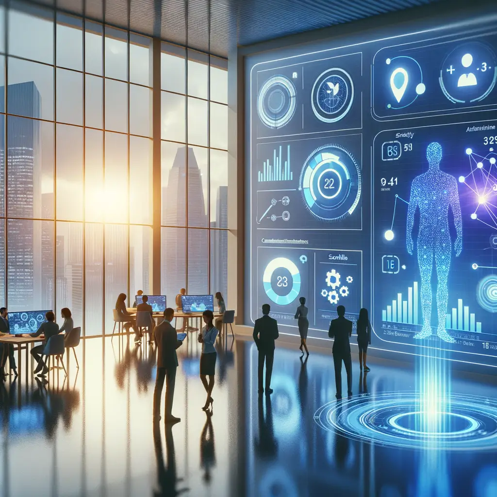 Equipe profissional analisando gráficos e métricas em telas com iluminação azul e roxa, destacando ganhos de eficiência, colaboração entre TI e negócios, e escalabilidade via automação com IA e low-code em ambiente corporativo moderno.