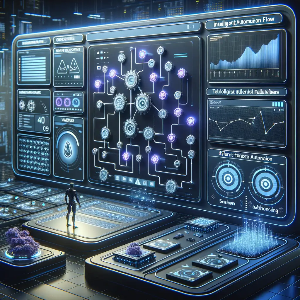Interface digital mostrando um fluxo de automação inteligente com alertas discretos e dados de monitoramento em tempo real, ilustrando o processo de identificação de falhas silenciosas em sistemas automatizados.
