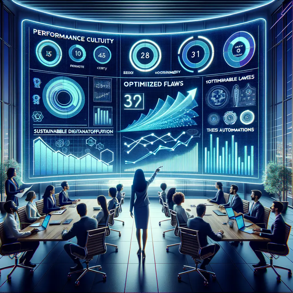 Equipe corporativa reunida em ambiente moderno analisando gráficos de desempenho e fluxos otimizados, ressaltando a importância de cultura e treinamento para evitar falhas em automação invisível.