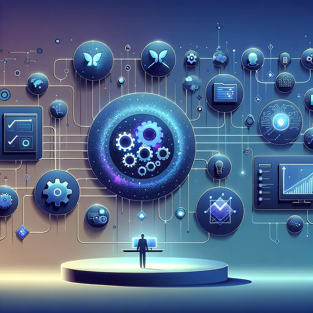 Fluxo visual de automação de processos empresariais, mostrando etapas interligadas de entrada de dados, análise por IA e decisões automatizadas em painel digital moderno, ilustrando integração humano-máquina.