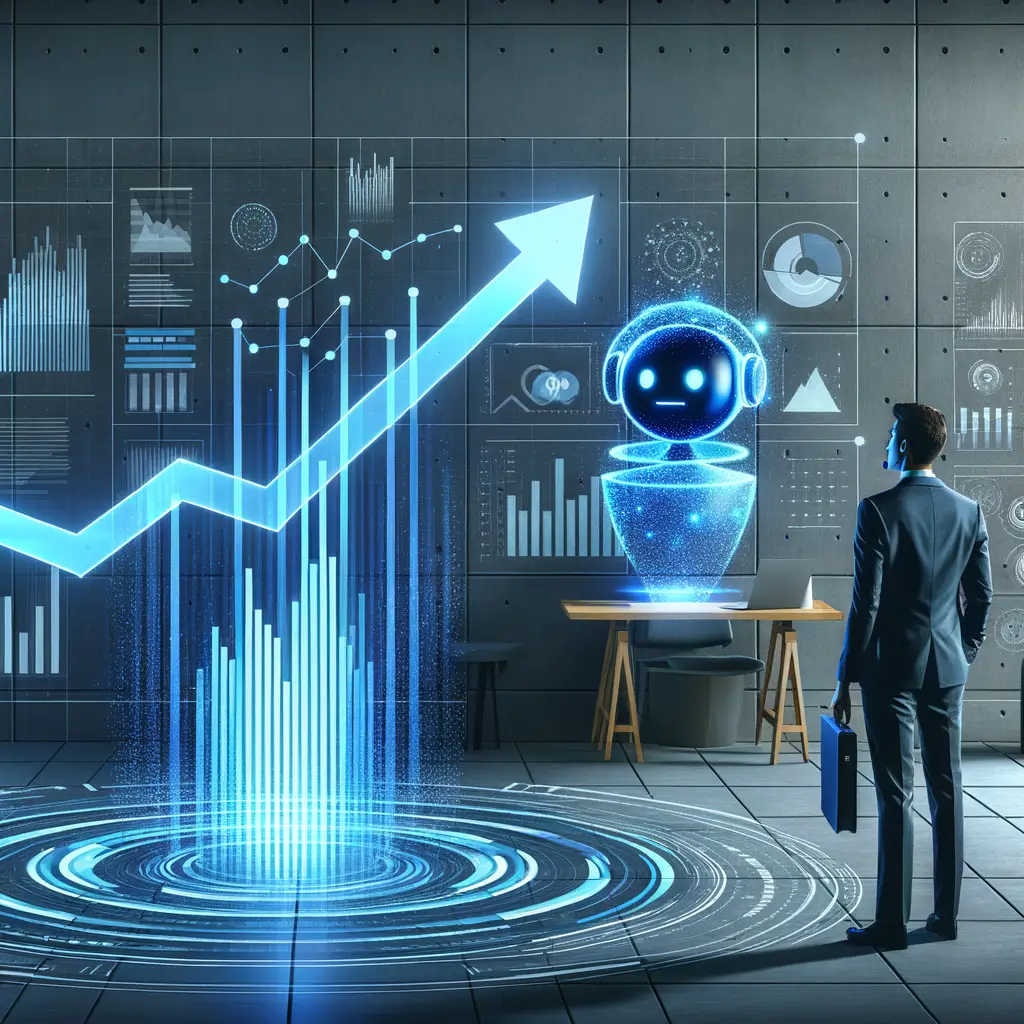 Profissional observando gráfico de produtividade crescente ao lado de assistente virtual holográfico em ambiente corporativo moderno, simbolizando os ganhos estratégicos e eficiência trazidos pela automação.