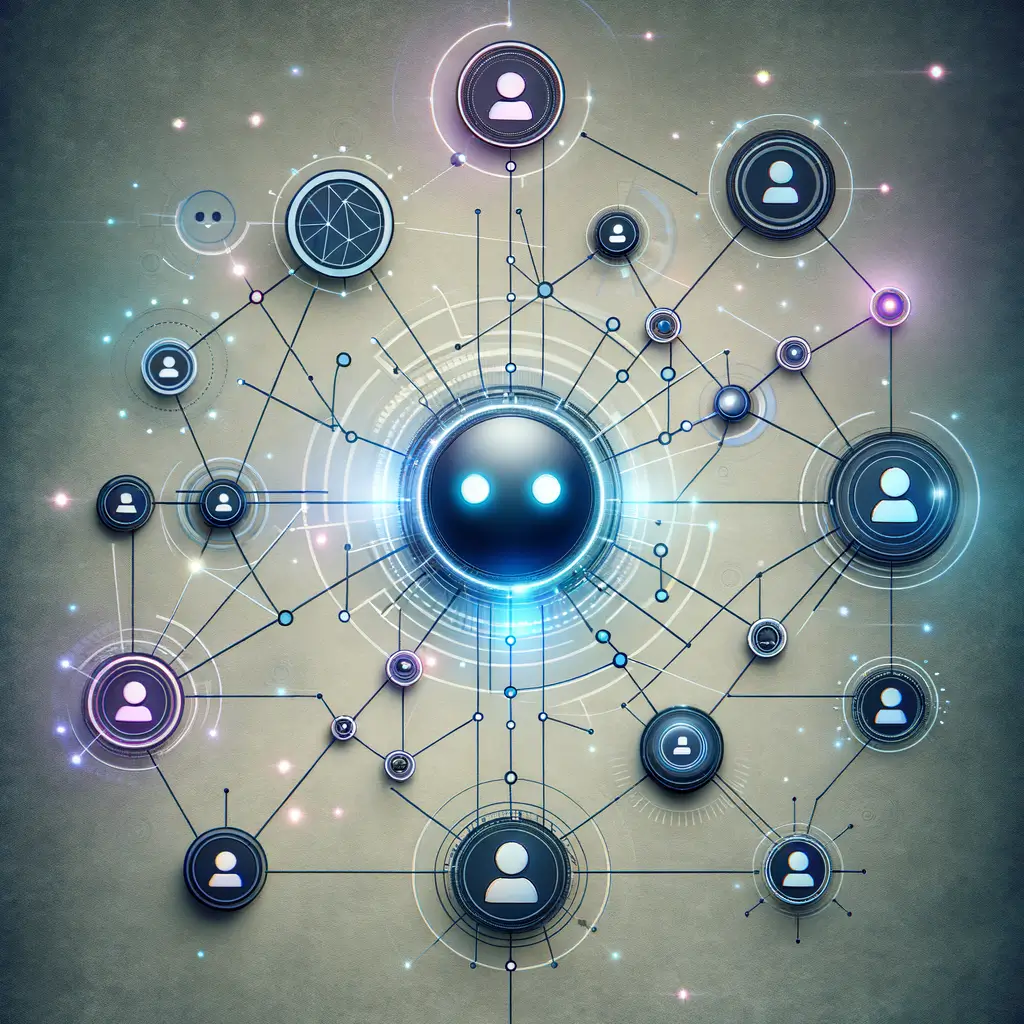 Rede digital conectando chatbots, módulos de IA e humanos validadores em tons azuis e roxos, simbolizando colaboração para decisões automatizadas.