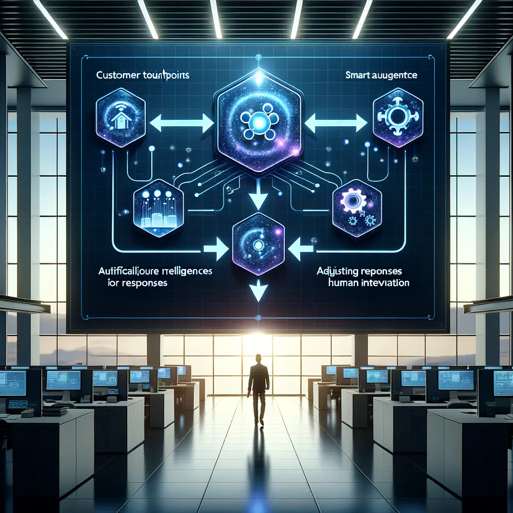 Fluxo visual de automação personalizada mostrando a sequência entre pontos de contato do cliente, ferramentas no-code, inteligência artificial e agentes inteligentes com intervenção humana, destacando o processo estratégico para manter a personalização nos negócios.