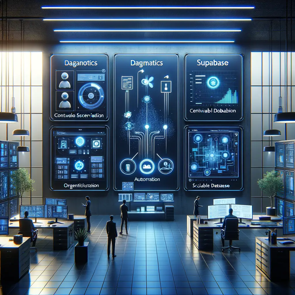 Tela de escritório mostrando o fluxo de integração entre diagnóstico, automação via n8n e configuração segura do Supabase, com pessoas monitorando processos para garantir eficiência e alinhamento com estratégias de negócio.