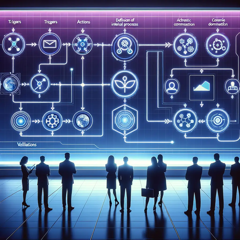 Painel holográfico mostrando um fluxo detalhado de automação com etapas de mapeamento, configuração e testes, integrando ferramentas digitais enquanto profissionais colaboram para ajustar processos alinhados à essência da empresa.