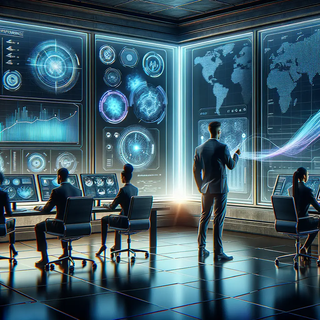 Equipe em uma sala de controle digital analisando métricas e gráficos que representam a escalabilidade e eficiência dos fluxos automatizados integrados com inteligência artificial, destacando a visão estratégica e impacto prático no negócio.