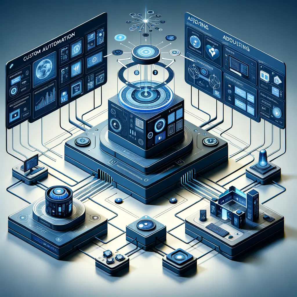 Fluxo visual da automação personalizada mostrando coleta de dados, processamento por IA e execução de ações específicas em diferentes setores, representando o processo detalhado da automação inteligente sob medida.