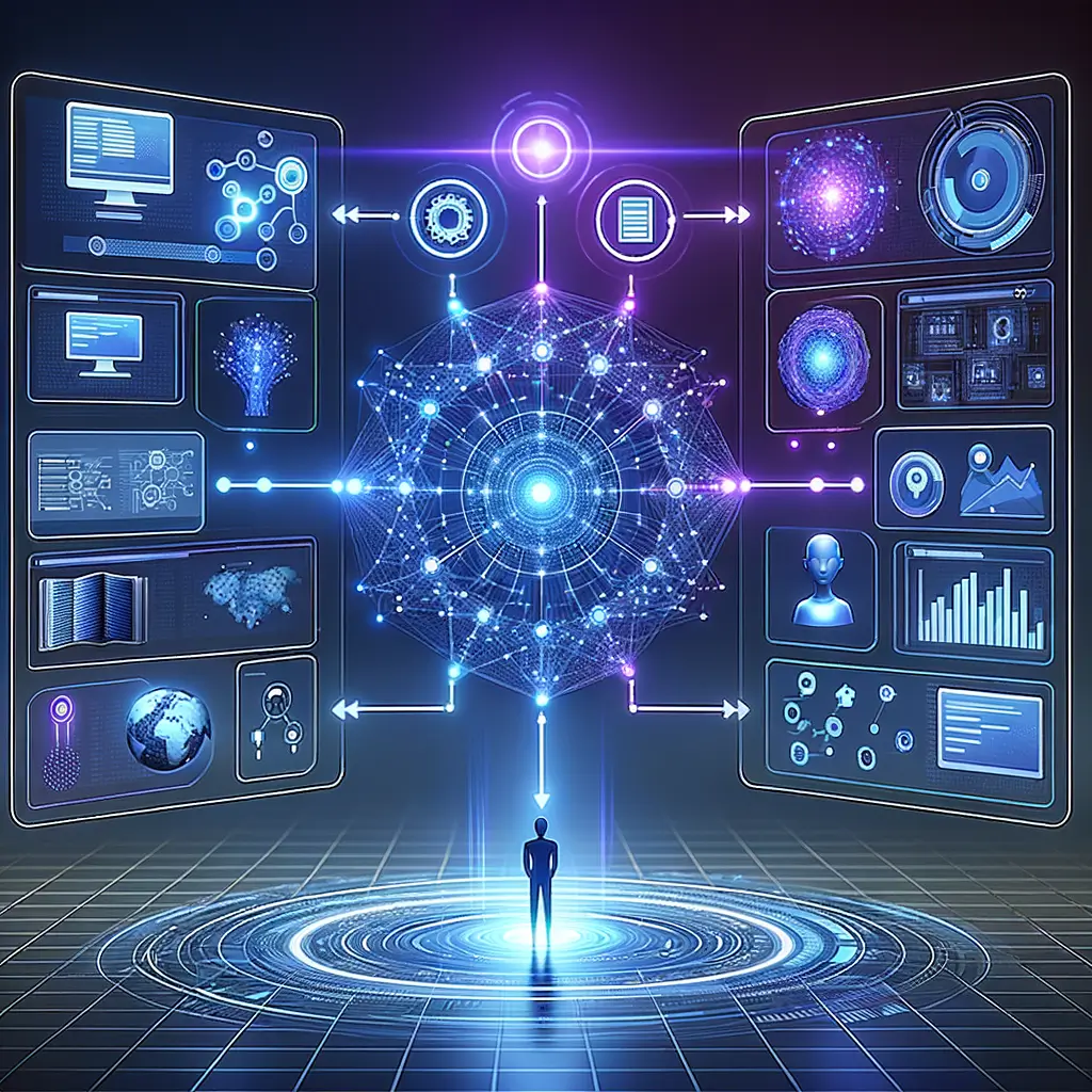 Fluxo de dados sendo processado por sistema de automação inteligente com IA, onde uma pessoa supervisiona e ajusta decisões, mostrando a colaboração entre máquinas e humanos na gestão estratégica.
