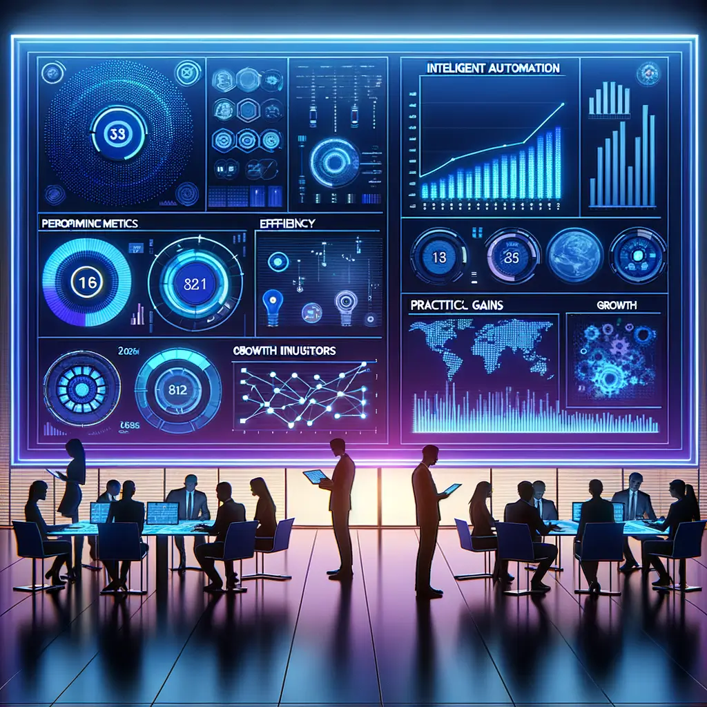 Equipe colaborando diante de painel com métricas e gráficos que mostram os benefícios e a escalabilidade da automação inteligente, ilustrando o impacto prático e a visão estratégica no futuro do trabalho.